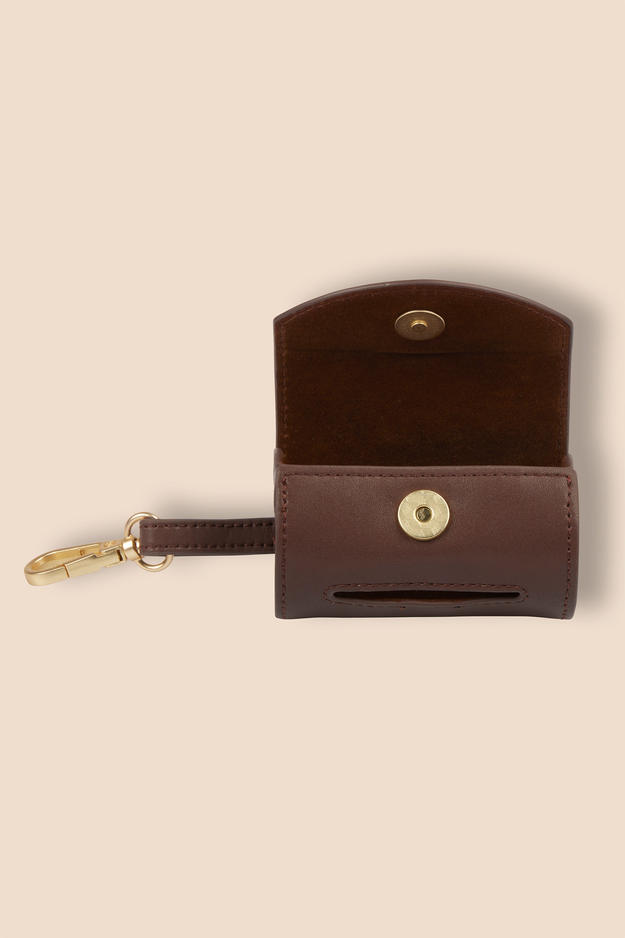 MIA COOSH Poop Bag Holder from Vegan Microfibre Leather with Matte Gold Hardware in Dark Chocolate