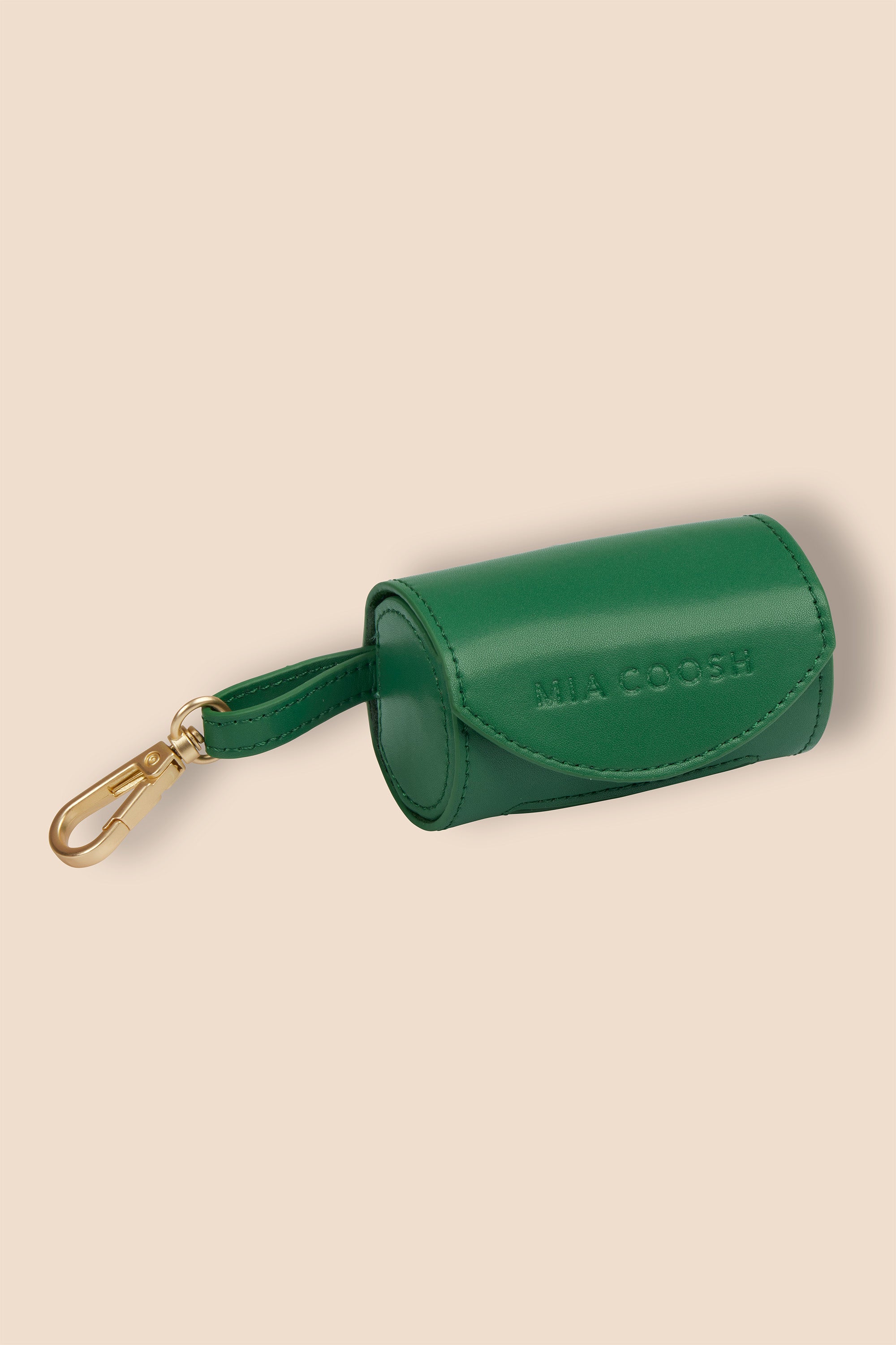 MIA COOSH Poop Bag Holder from Vegan Microfibre Leather with Matte Gold Hardware in Emerald Green